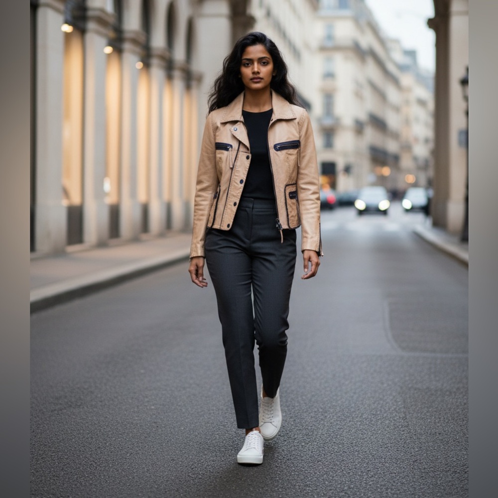 Beige Leather Jacket with Blue Trims